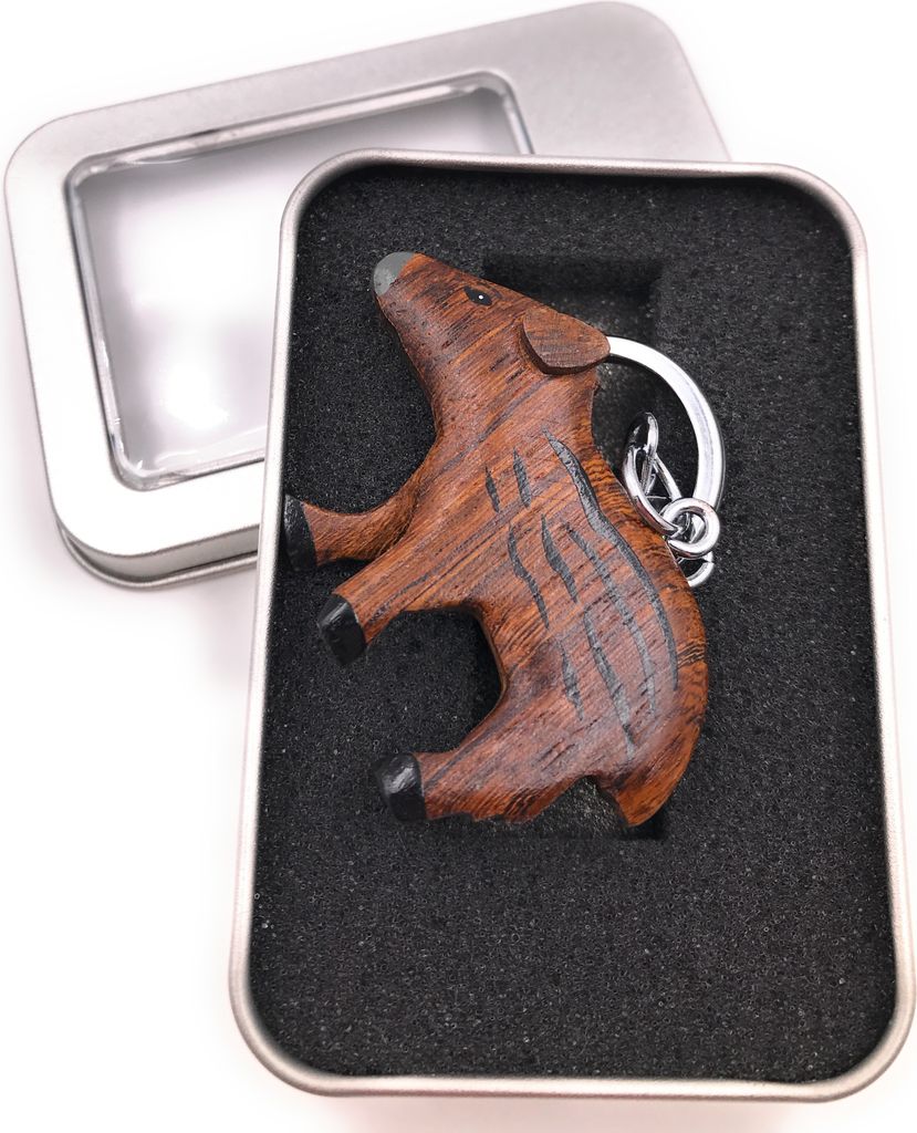 Schlüsselanhänger Holz Frischling Wildchwein Eber Bache Paarhufer Schwein Anhänger in Geschenkbox