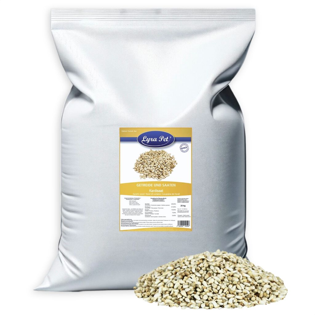 A large bag of birdseed with a pile of birdseed in front of it.