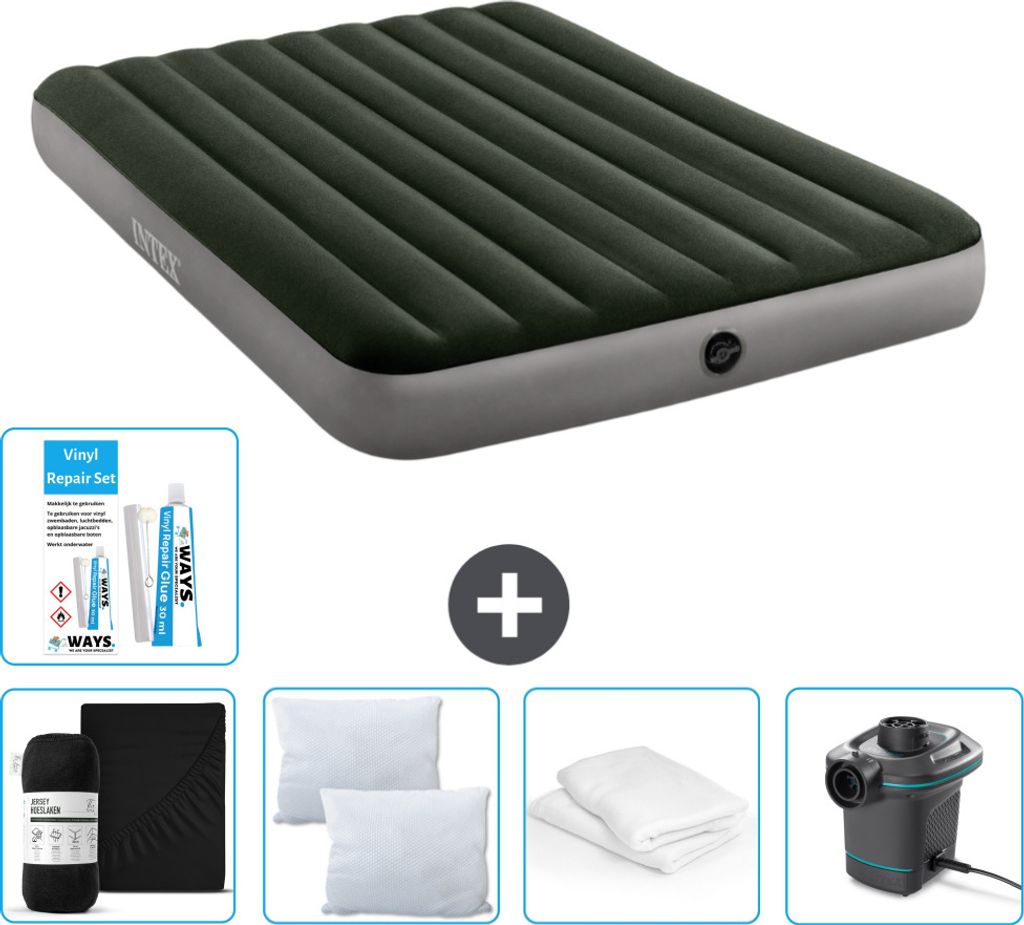 Intex Luftbett – 2 Personen – 152 x 203 x 25 cm – Grün – im Lieferumfang enthalten Spannbettuch - Küssen - Pumpe - Reperaturset en Kissen...