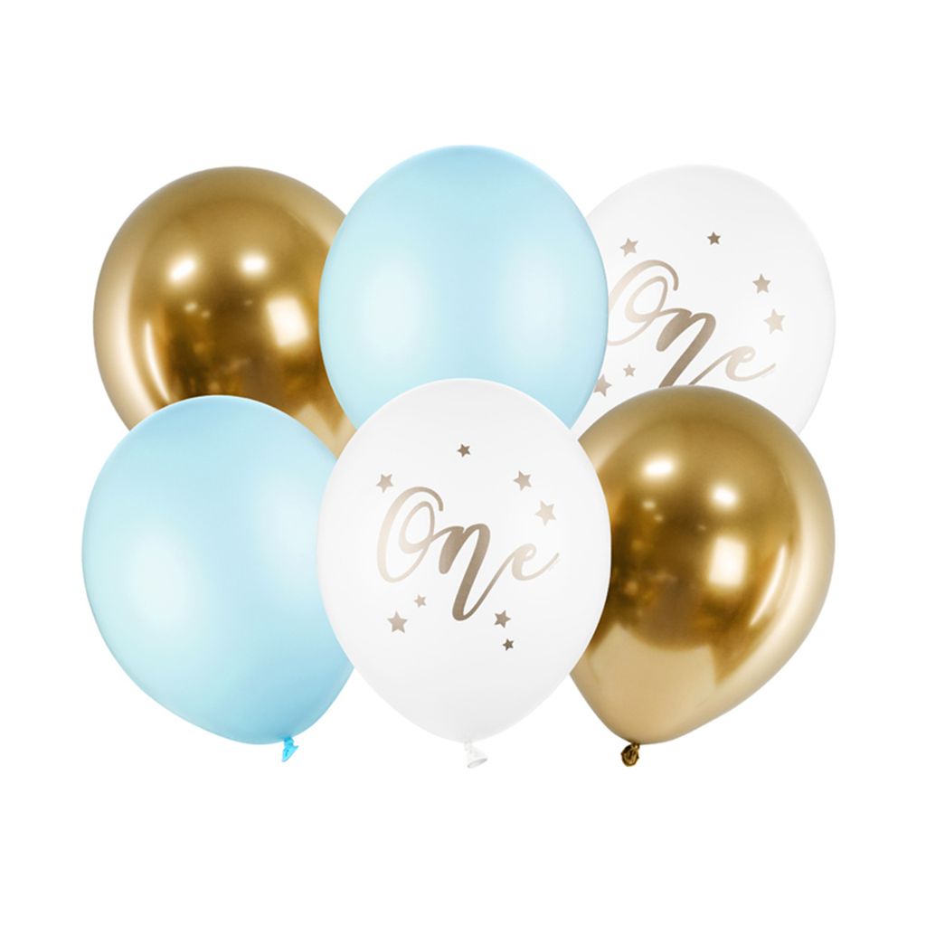 PartyDeco SB14P-307-001J-6, Spielzeugballon, Blau, Gold, Weiß, Geburtstag, Oval, 30 cm, 6 Stück(e)