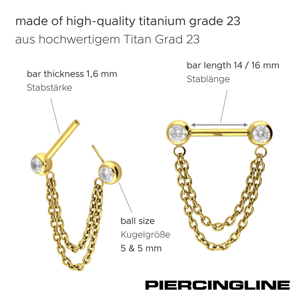 Zungenpiercing, Intim-Piercing Titan Barbell mit Push Fit 2 KETTEN + KRISTALLE Schwarz Stablänge: 16mm