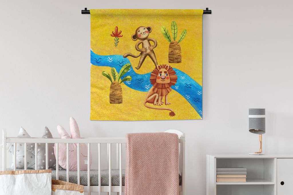 MuchoWow Wandteppich Wandbehang Affe - Löwe - Dschungel - Fluss 90x90 cm Tapisserie Dekoration Wandtuch - Wandaufhänger