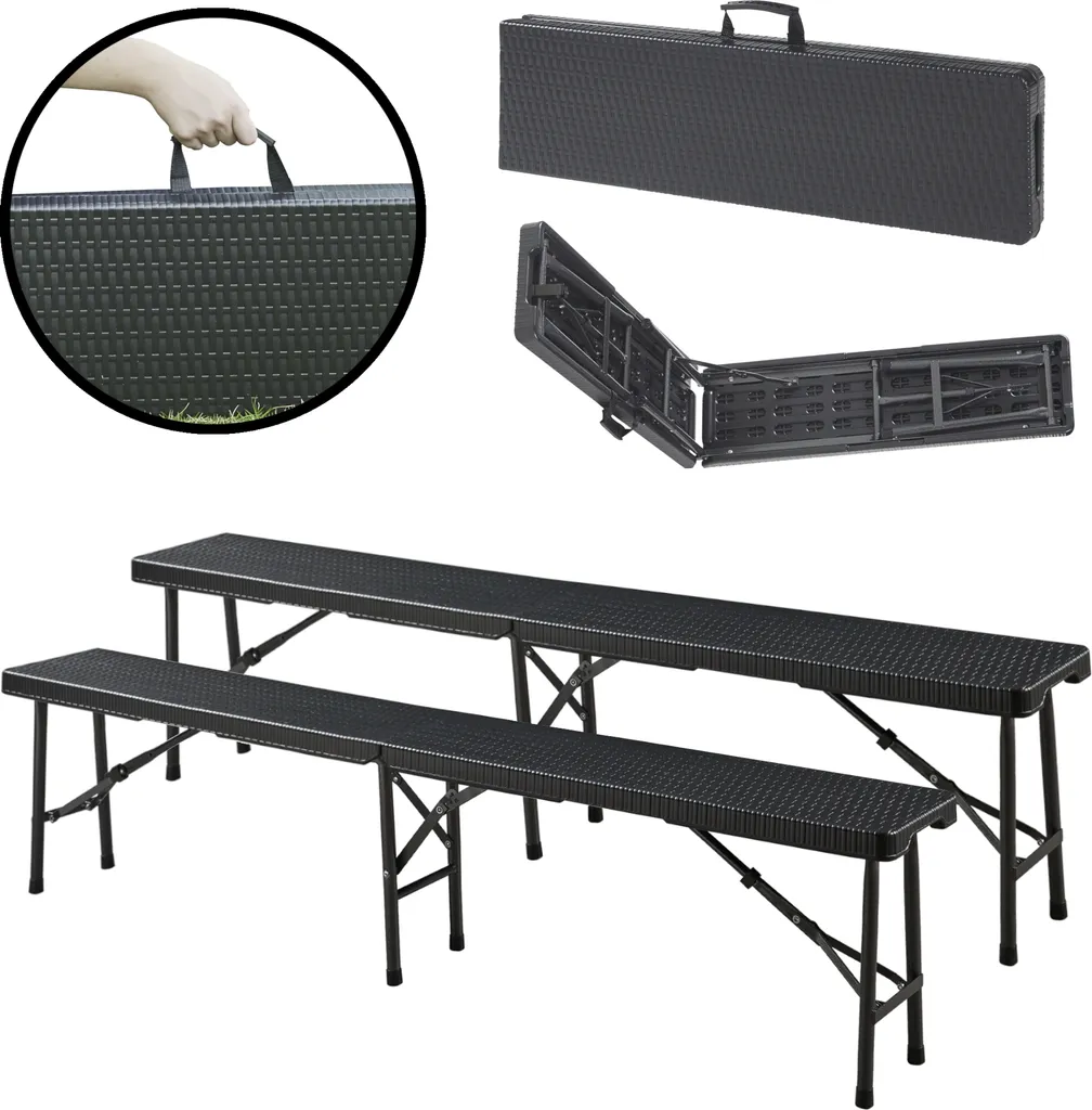 Banc Pliant 180cm Gain de Place Aspect Rotin Noir Set de 2 Robuste