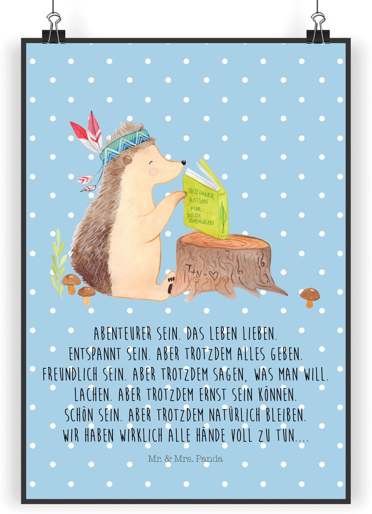 Mr. & Mrs. Panda Bild Igel Federschmuck DIN A4 - Blau Pastell - Geschenk, Abenteuer, Lagerfeuer, Indianer, Plakat, Wandschmuck, Tiere, drucke, wand...