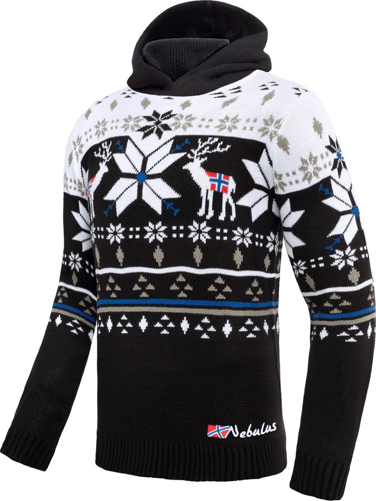 Nebulus Norweger Strick-Hoodie NORJAN Herren, warmer Pullover , praktischer & vielseitiger Kapuzenpullover , P6181 - Herren, schwarz-weiß, S