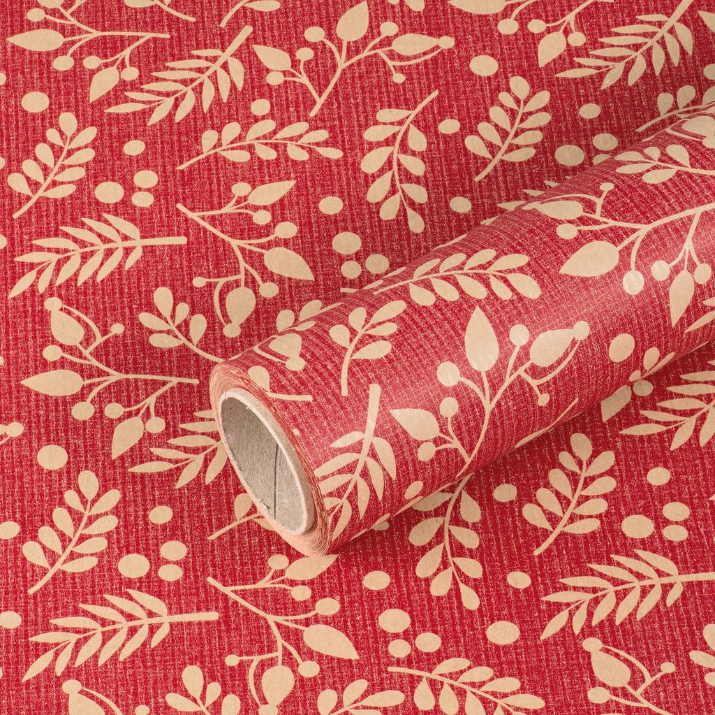 Geschenkpapier Zweige, Rot, 0,70 x 10 m, Kraftpapier - Produktbild 