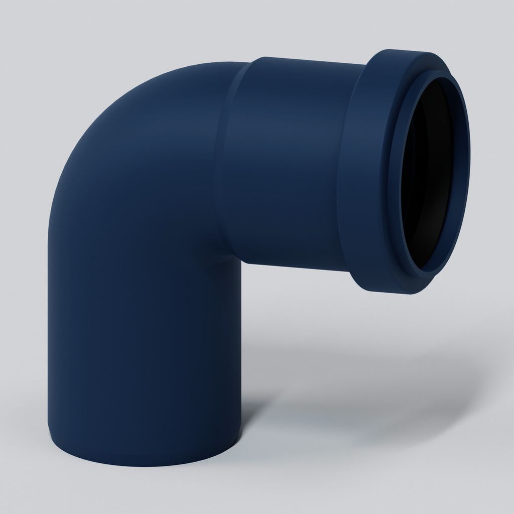 A dark blue pipe fitting on a light gray background.
