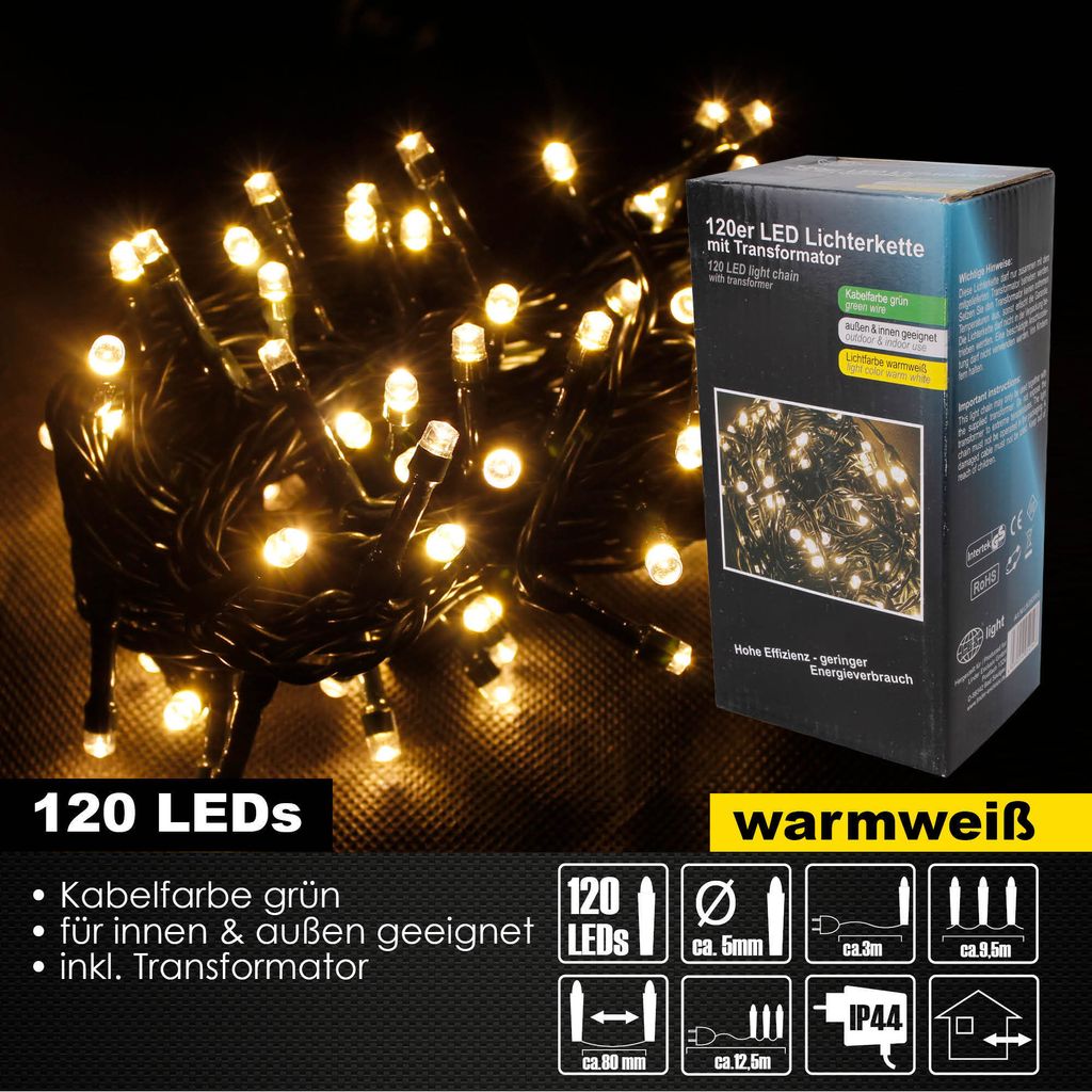 A string of warm white LED lights with a black cable, displayed alongside its packaging and product information.