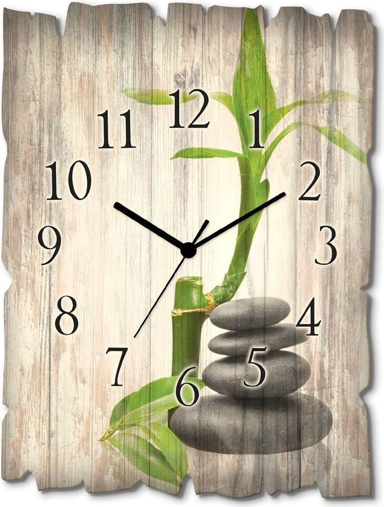 ARTland Holz Wanduhr Funkuhr - schwarzer Zeiger Spa Konzept Basaltsteine Größe: 30x40 cm