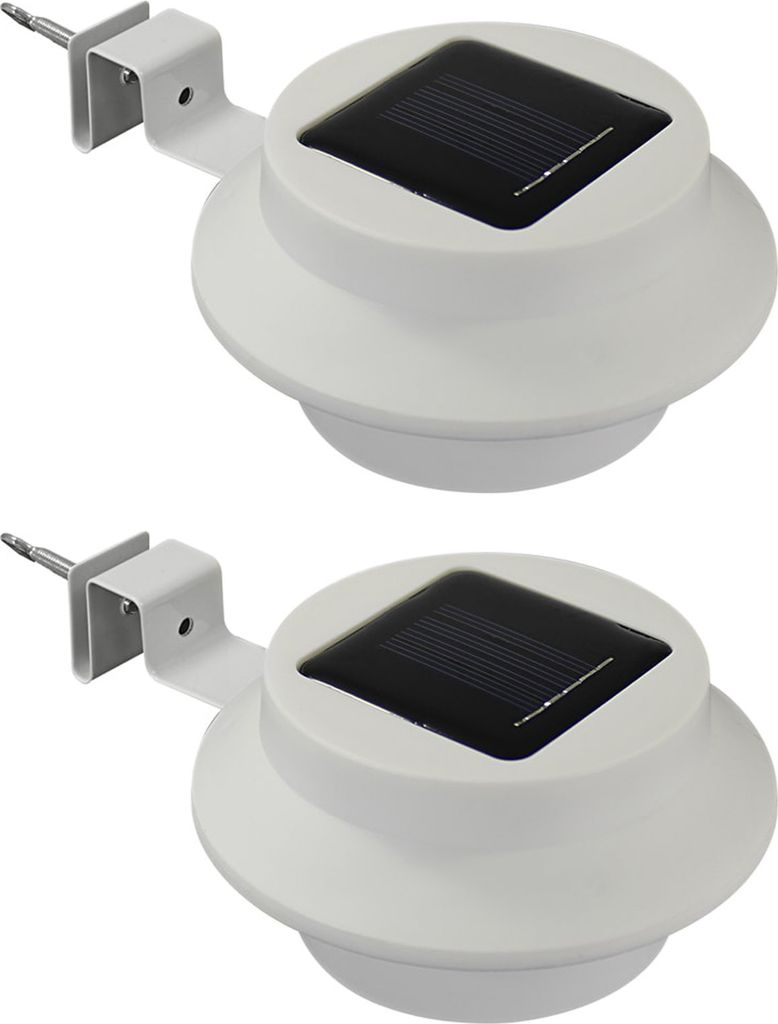 Two white solar-powered gutter lights are shown against a white background.