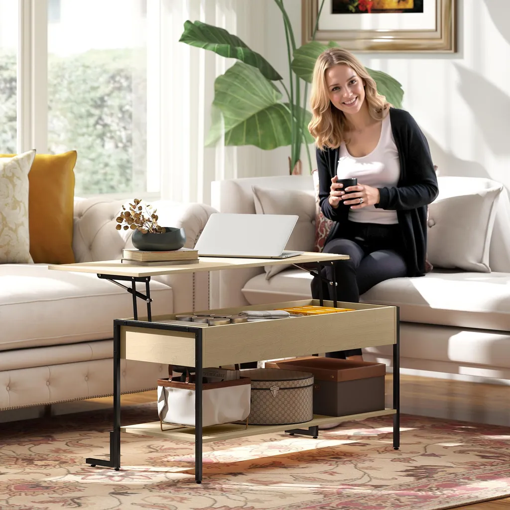 Table de salon avec plateau relevable et compartiment caché bois clair - 11