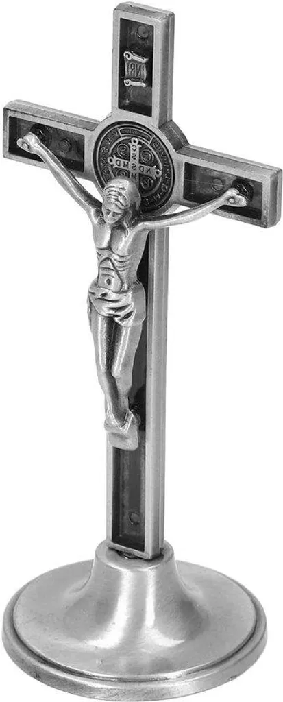 Petite croix argentée stable sur socle pour étagère et armoire étroite
