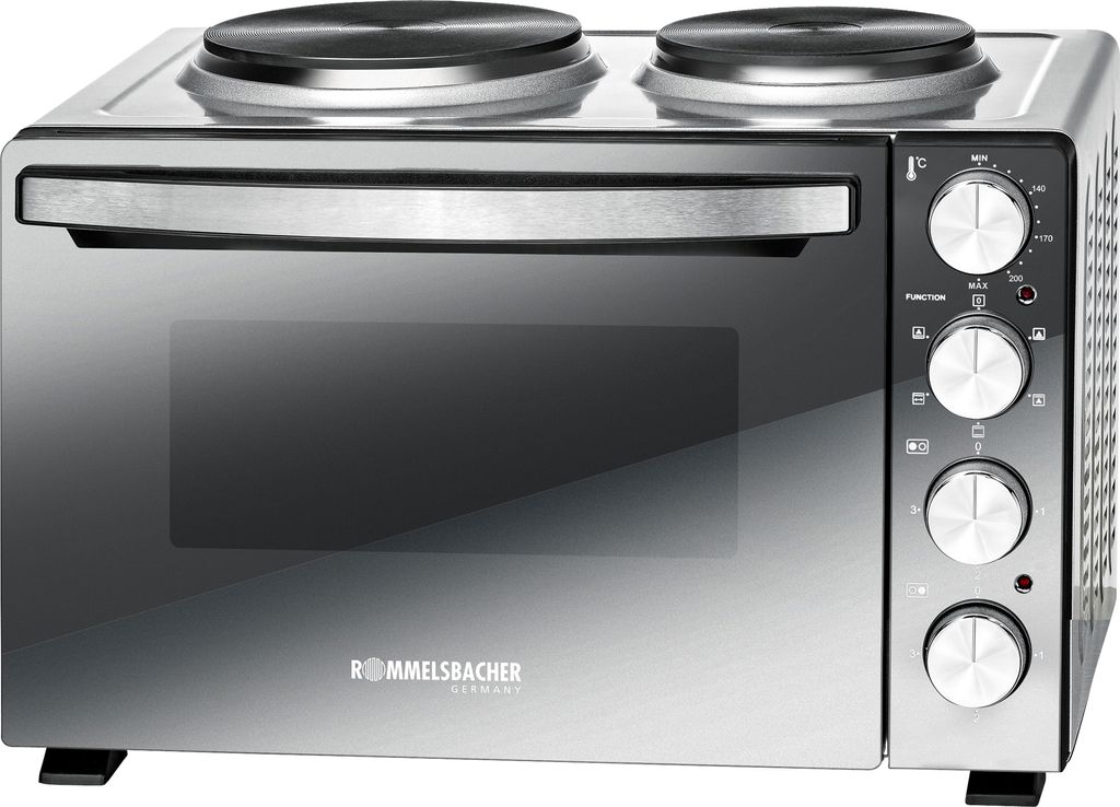 A silver and black countertop oven with two electric burners on top.