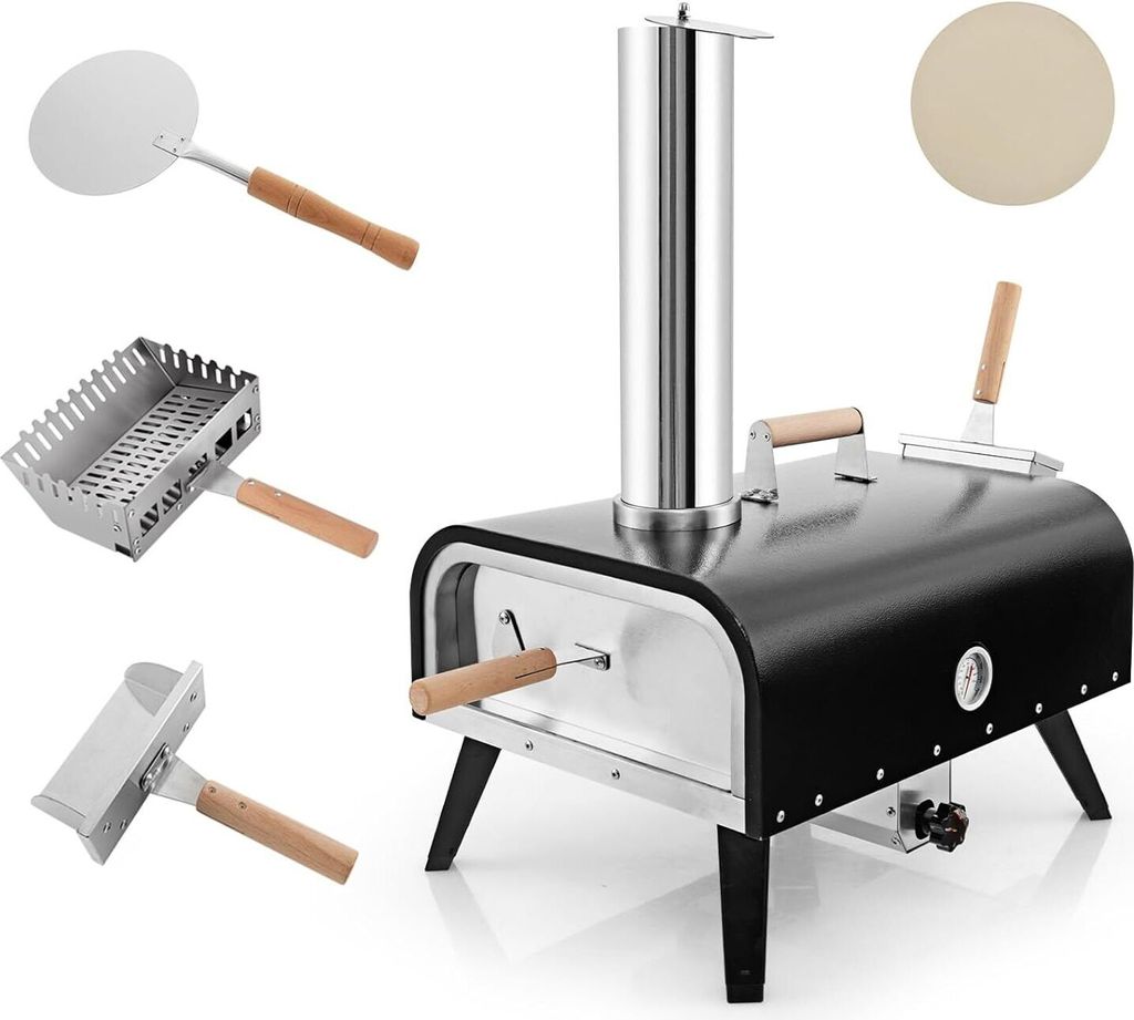 KOMFOTTEU Pizzaofen für Außenbereich, tragbarer Holzofen mit Pizzastein Pizzaschaufel Thermometer, Pizza Ofen aus Edelstahl, Pizza Backofen