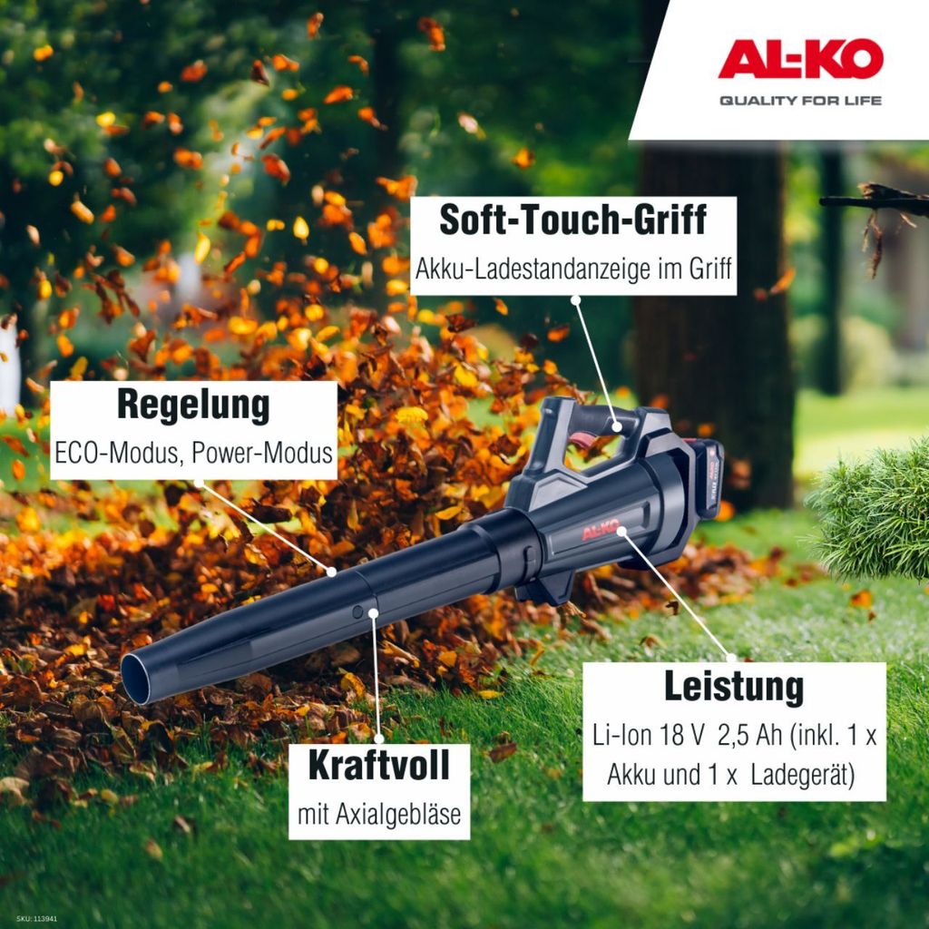 AL-KO Akku-Laubbläser LB 1860, 18 V Li-Ion (Akku und Ladegerät im Lieferumfang), 45 m/s Luftgeschwindigkeit, 450 m³ Volumenstrom, 2 Rohraufsätz...