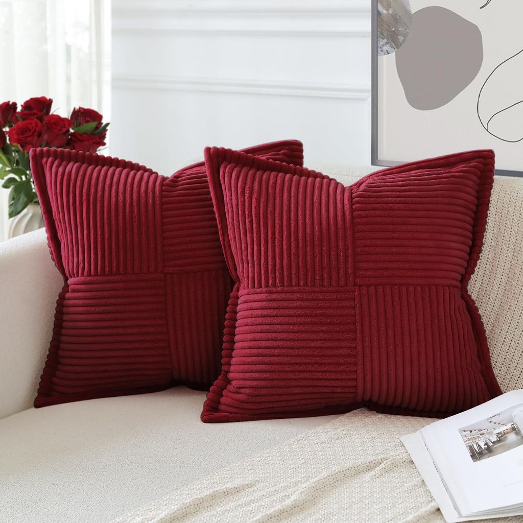 Set mit 2 Kissenbezügen aus Cord-Samt, weiche Dekokissen, moderne Kissenbezüge mit eingefassten Kanten, für Wohnzimmer und Schlafzimmer, weinrot...