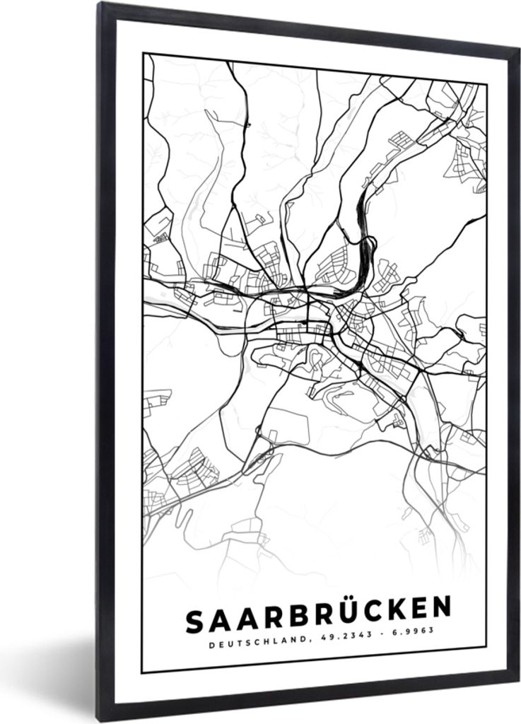 MuchoWow Gerahmtes Poster Saarbrücken - Karte - Stadtplan 20x30 cm - Poster mit Schwarzem Bilderrahmen Wandposter Rahmen Foto Bilder - Drucken -...