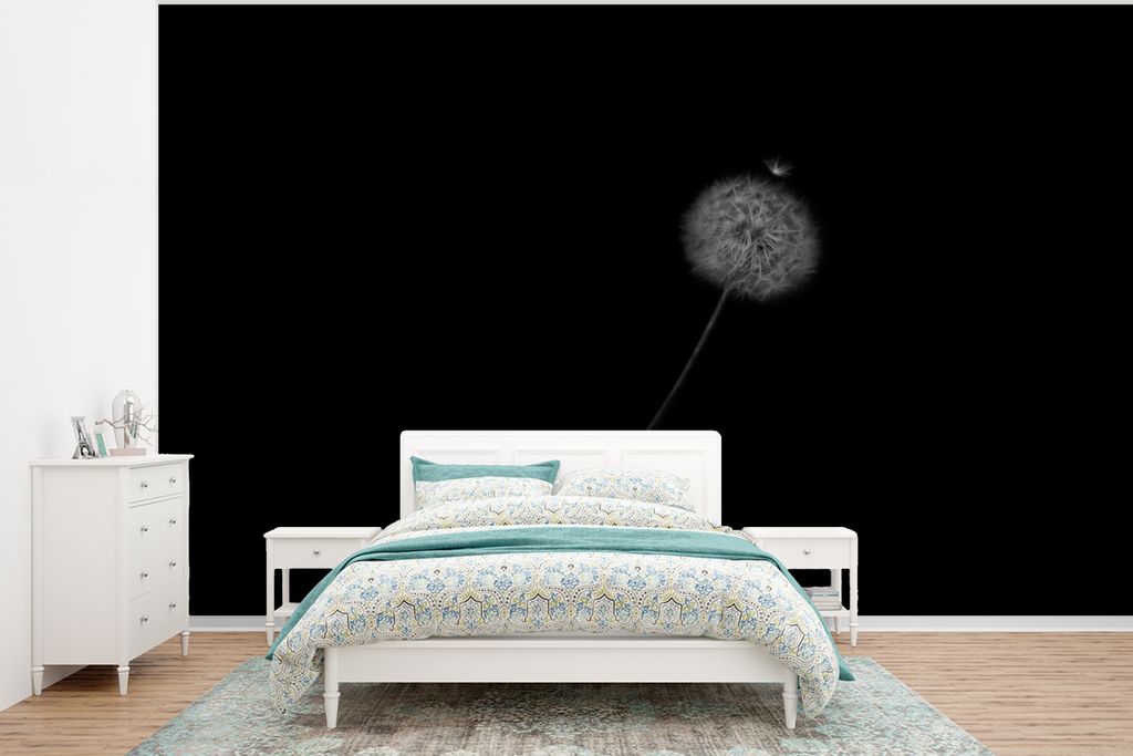 MuchoWow Fototapete für Wohnzimmer oder Schlafzimmer Wandtapete Vinyl Motivtapete Blumen - Löwenzahn - Samen - Schwarz - Weiß - 400x300 cm - P...