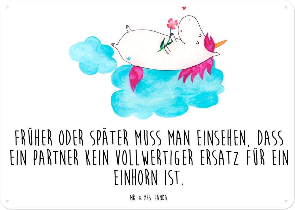 Mr. & Mrs. Panda Schild Einhorn Verliebt DIN A5 - Weiß - Geschenk, Einhörner, tafel, Freundin, Wandbild, Wolke, Unicorn, Retro Blechschild, Liebe...