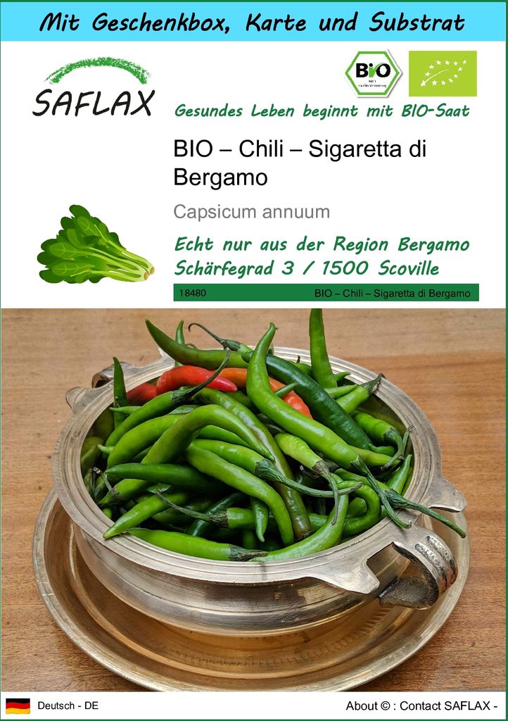 SAFLAX Geschenk Set - BIO – Chili – Sigaretta di Bergamo - Capsicum annuum - 10 Samen - Mit Geschenkbox, Versandaufkleber, Geschenkkarte und An...