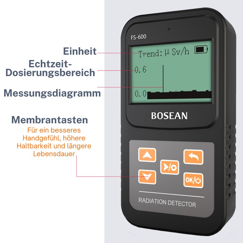 Geigerov merač Bosean FS-600 Detektor žiarenia Dozimetrický Obrázok produktu 16