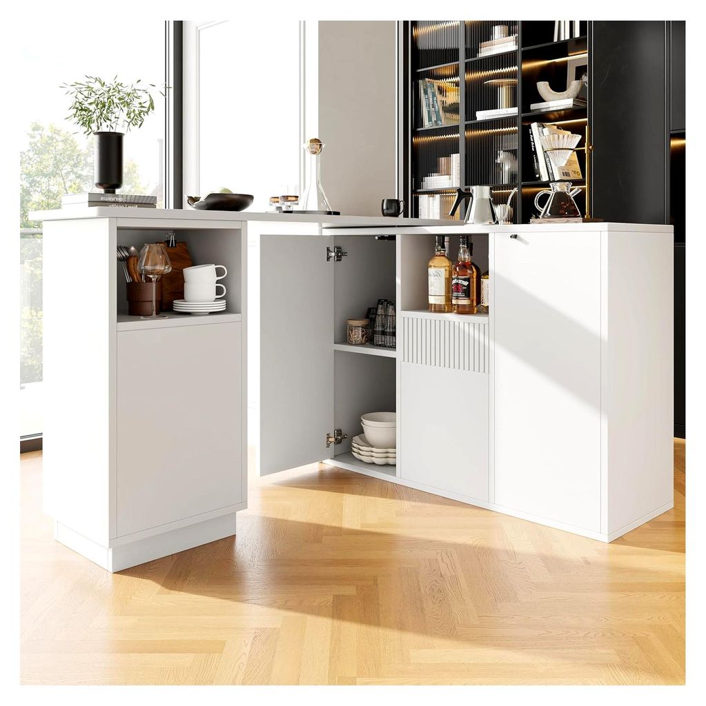 360° drehbare Essbar (90 – 198,5 x 30 x 75 cm) mit offener Aufbewahrung, moderne multifunktionale Aufbewahrungsinsel – Weiß