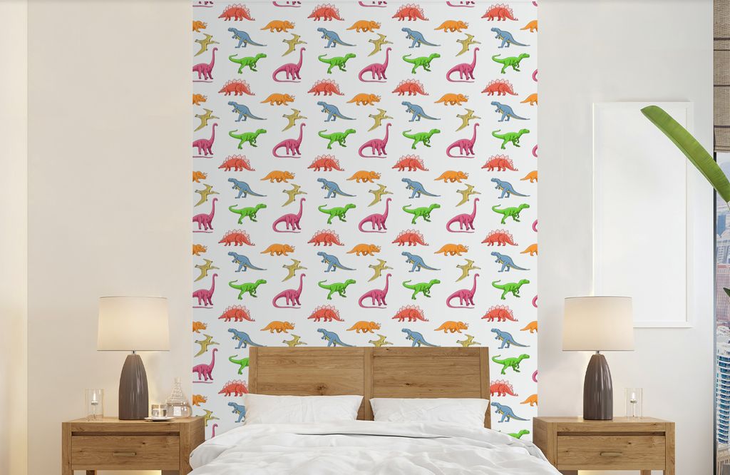 MuchoWow Fototapete für Wohnzimmer oder Schlafzimmer Wandtapete Vinyl Motivtapete Muster - Dino - Kinder - Farben - Kinder - Junge - 140x220 cm ...