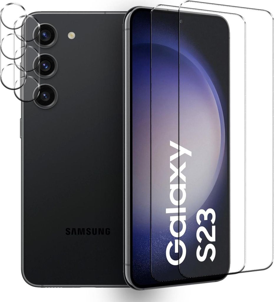 A black Samsung Galaxy S23 phone with camera lens protectors and screen protectors shown.
