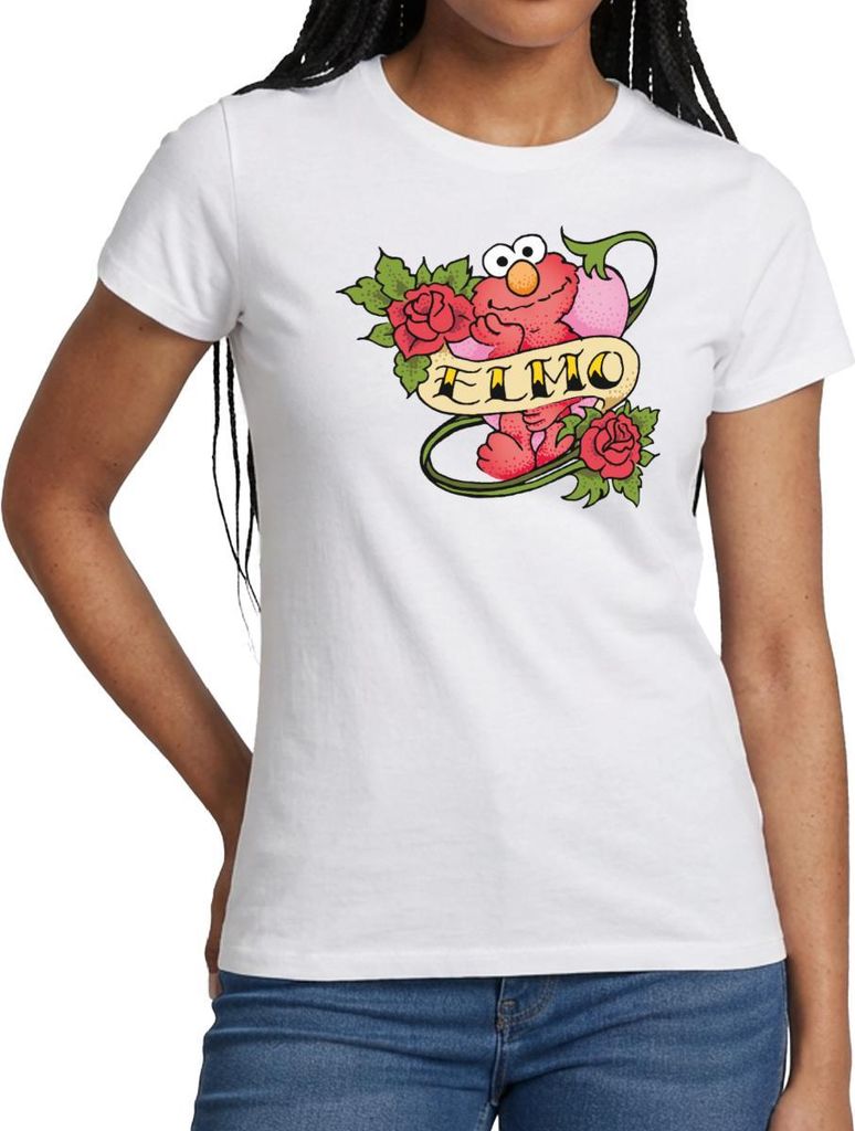 Spreadshirt Sesamstraße Elmo Tattoo Vintage Herz Frauen T-Shirt, XXL, Weiß