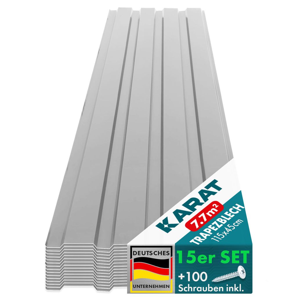 Karat Trapezblech Set 15Stk. 115x45cm, Dachblech 7,7m² inkl Schrauben, Wandblech verzinkt, Profilblech wetterfest für Carport & Gartenhaus, Hellgrau