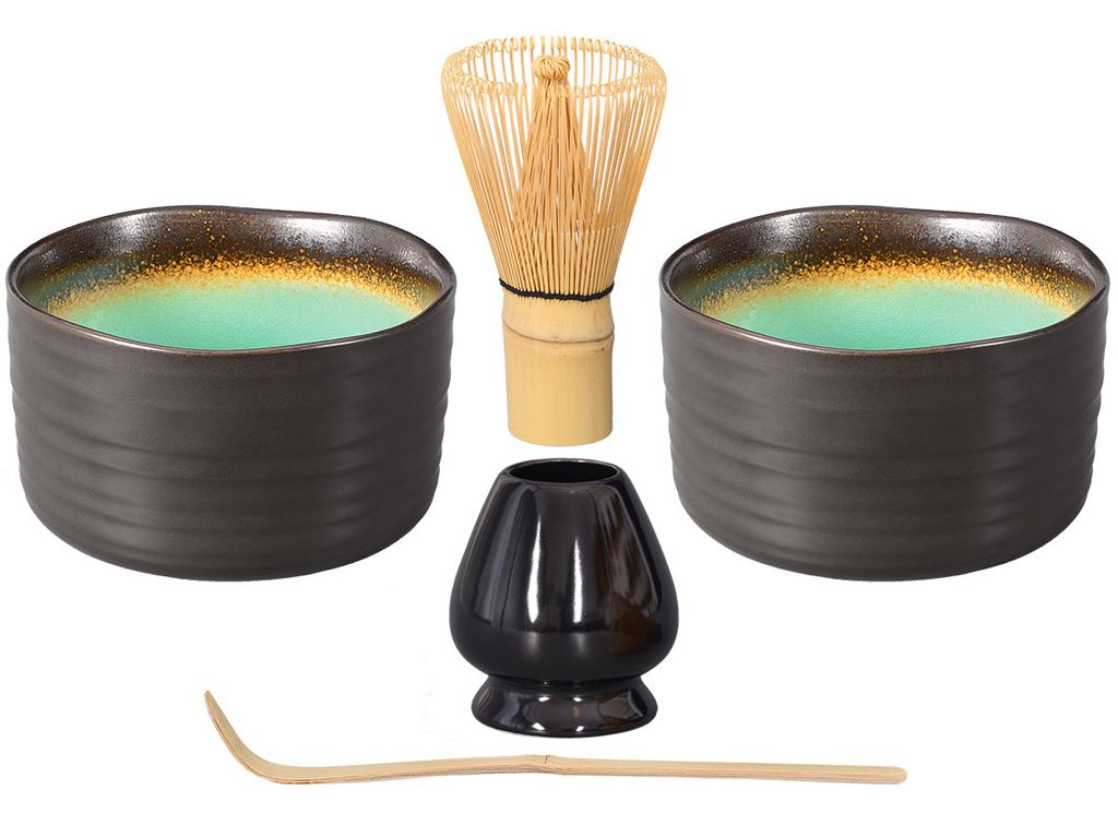 Matcha Set / Matchaset / 2x Matcha Schale 500ml, anthrazit/türkis, mit Besen/Löffel und Halter