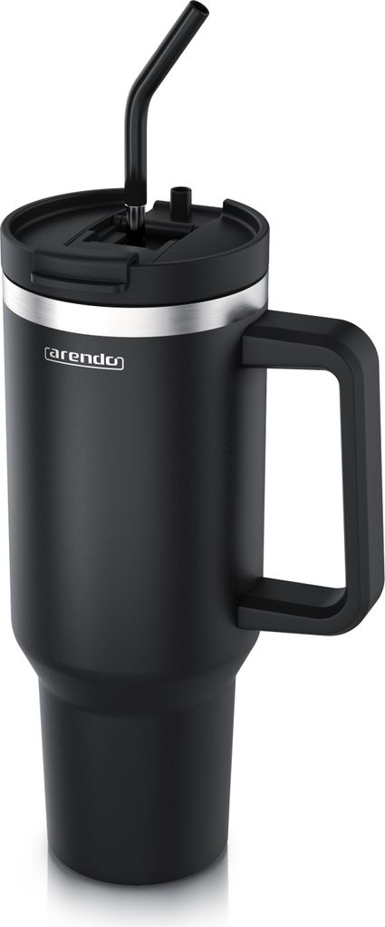 Arendo Isolierbecher, Thermobecher, Tumbler, Mehrwegbecher, 1200 ml, doppelwandiger Edelstahl, luftdichter Deckel, mit Henkel, Trinkhalm, BPA-frei,...