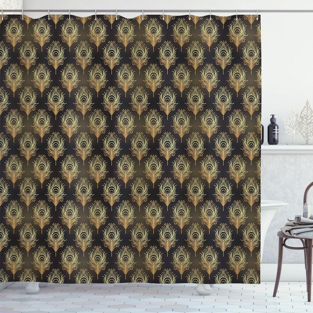ABAKUHAUS Art Deco Duschvorhang, Jazz-Ära inspirierte vertikal ausgerichtete Pfau-Feder-Zeichenstil, 175 x 240 cm, Blasses Orange Dunkelbraun