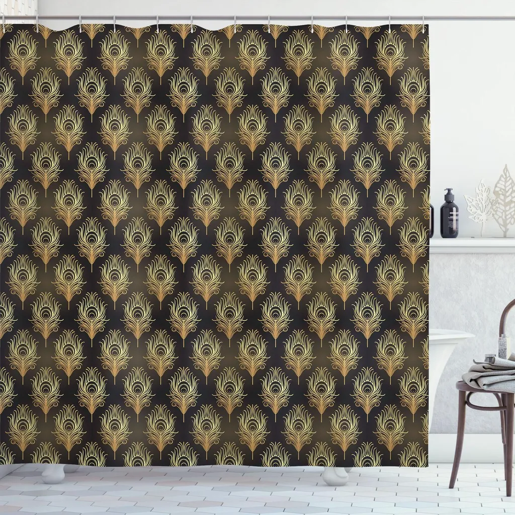ABAKUHAUS Tenda Da Doccia 'Amo Quello Che Fai' – 175x240 Cm – Tessuto Con Ganci Inclusi, Stampa Cuori Senape E Grigio, Idrorepellente