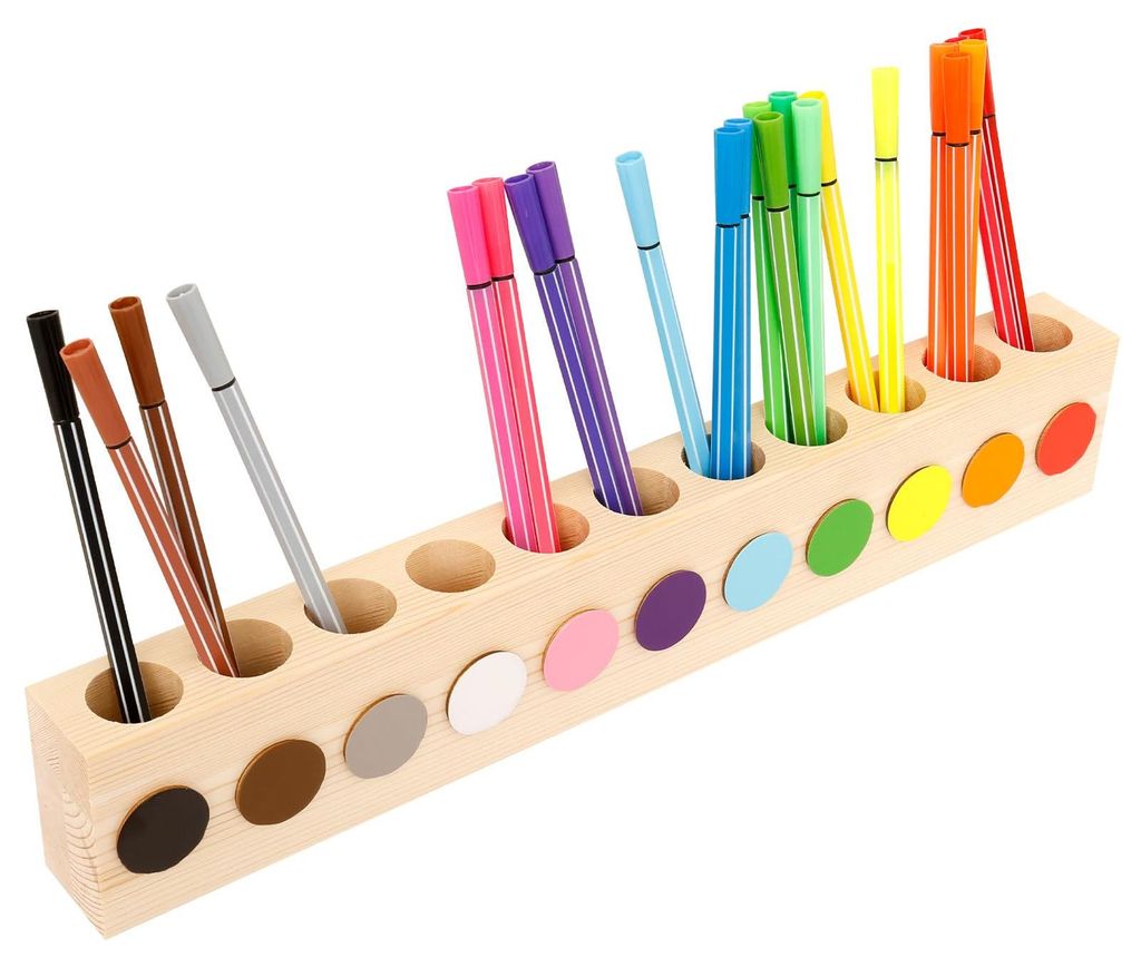 Montessori-Stiftehalter aus Holz für Buntstifte, 41,5 x 7 x 4 cm, Stiftehalter für Kinderschreibtische mit 11 farbigen Fächern, dekorativer Stif...