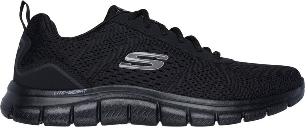 A studio shot of a black Skechers sneaker.