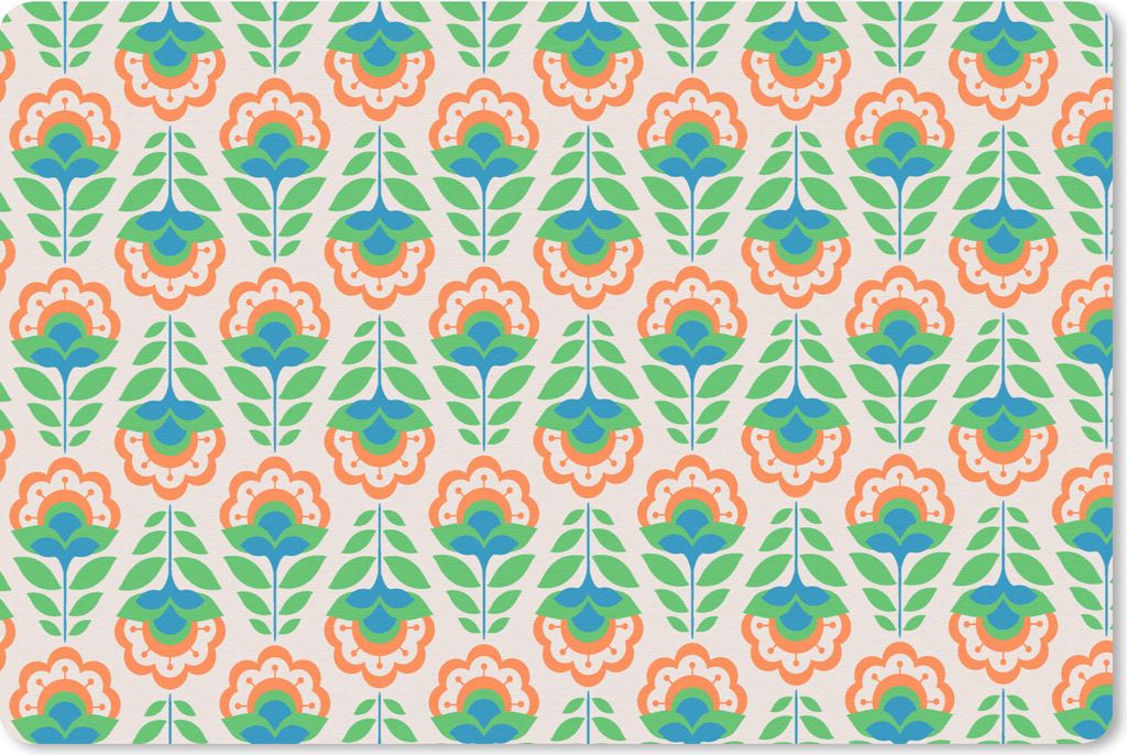 MuchoWow Schreibtischunterlage Retro - Blumen - Design - Grün - Orange 60x40 cm - XXL Mauspad - Großes Mauspad