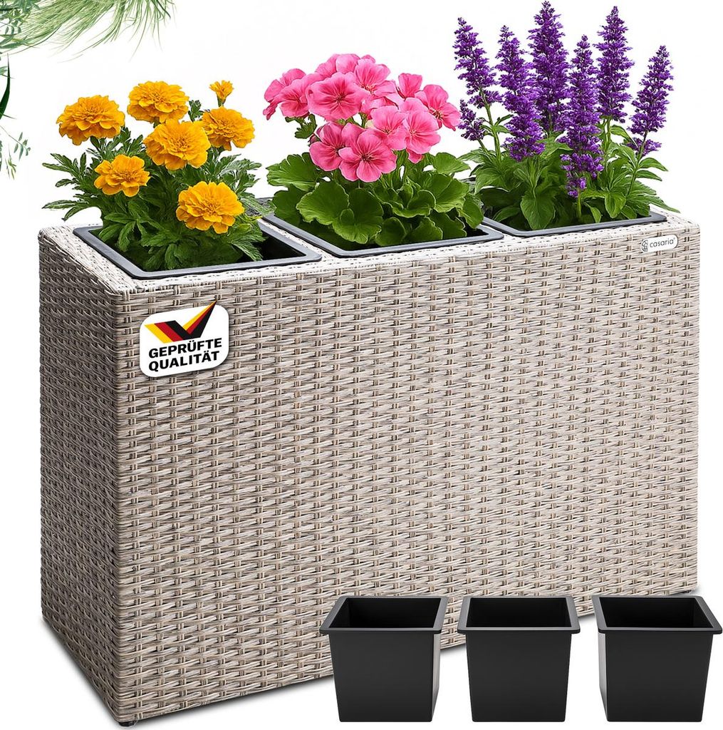 CASARIA Blumenkasten 3 Innentöpfe Polyrattan Herausnehmbar Wasserablauf Outdoor Rechteckig Pflanzkasten Blumentopf Hochbeet Pflanzkübel Creme