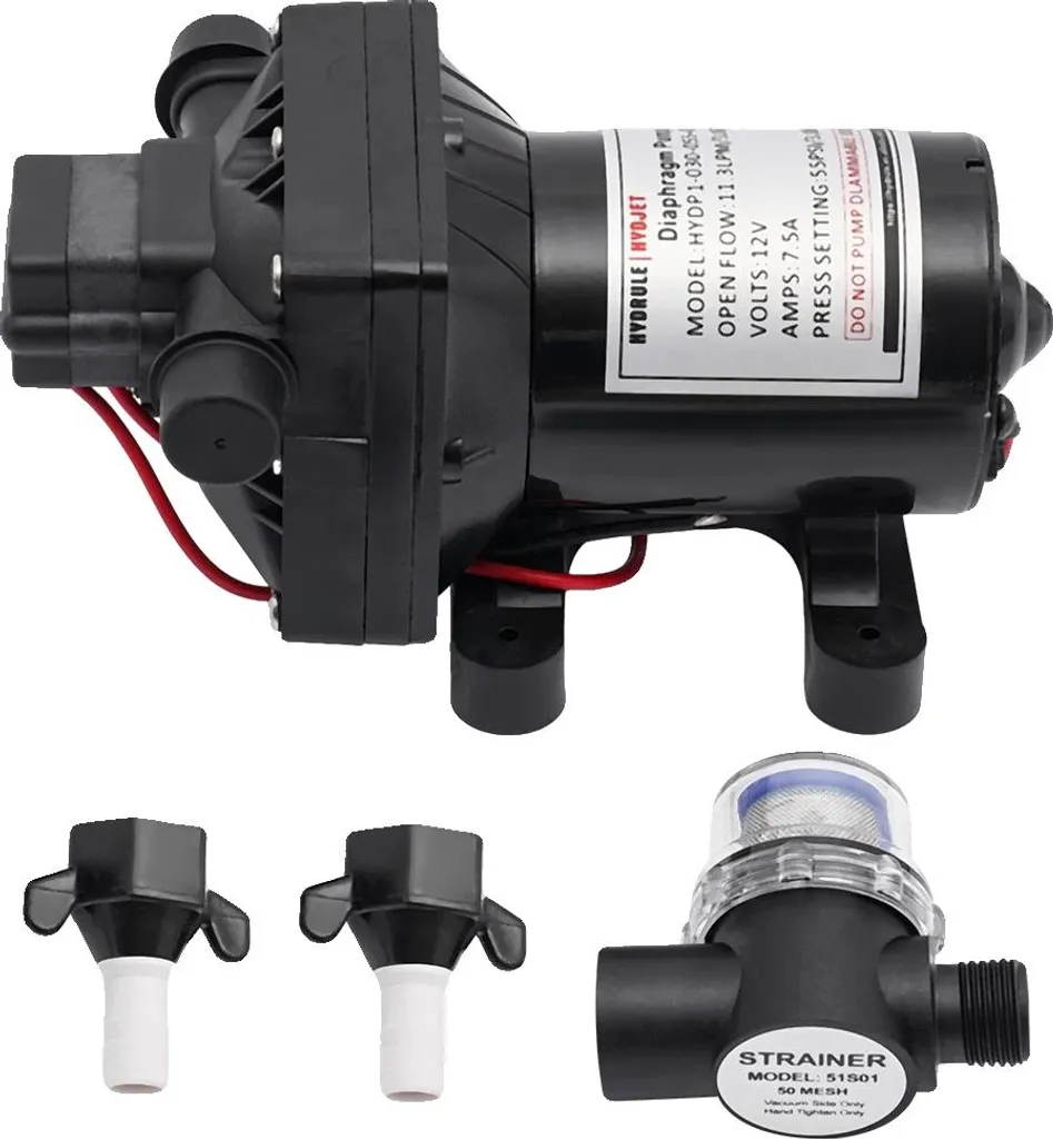 Pompa dell'acqua, 12V, portata 3,0 GPM, pressione massima 55 PSI, dimensioni 21,2 x 12,45 x 10,975 cm, livello di rumorosità 60 dB