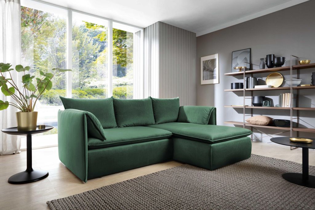 Masseno Ecksofa PREGIO mit Schlaffunktion L-Form, Sofa mit Bettkasten, Wohnzimmersofa, Couch, Soffa, Bettsofa, Couchgarnitur- Grün, RIVIERA 38
