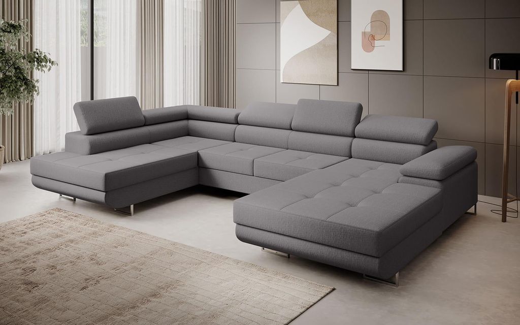 Sofa FERRO, moderne Couch mit verstellbaren Kopfstützen, ausziehbare Polstercouch, Sofa mit Schlaffunktion, zwei Bettkästen, U- Form - Vogue 16