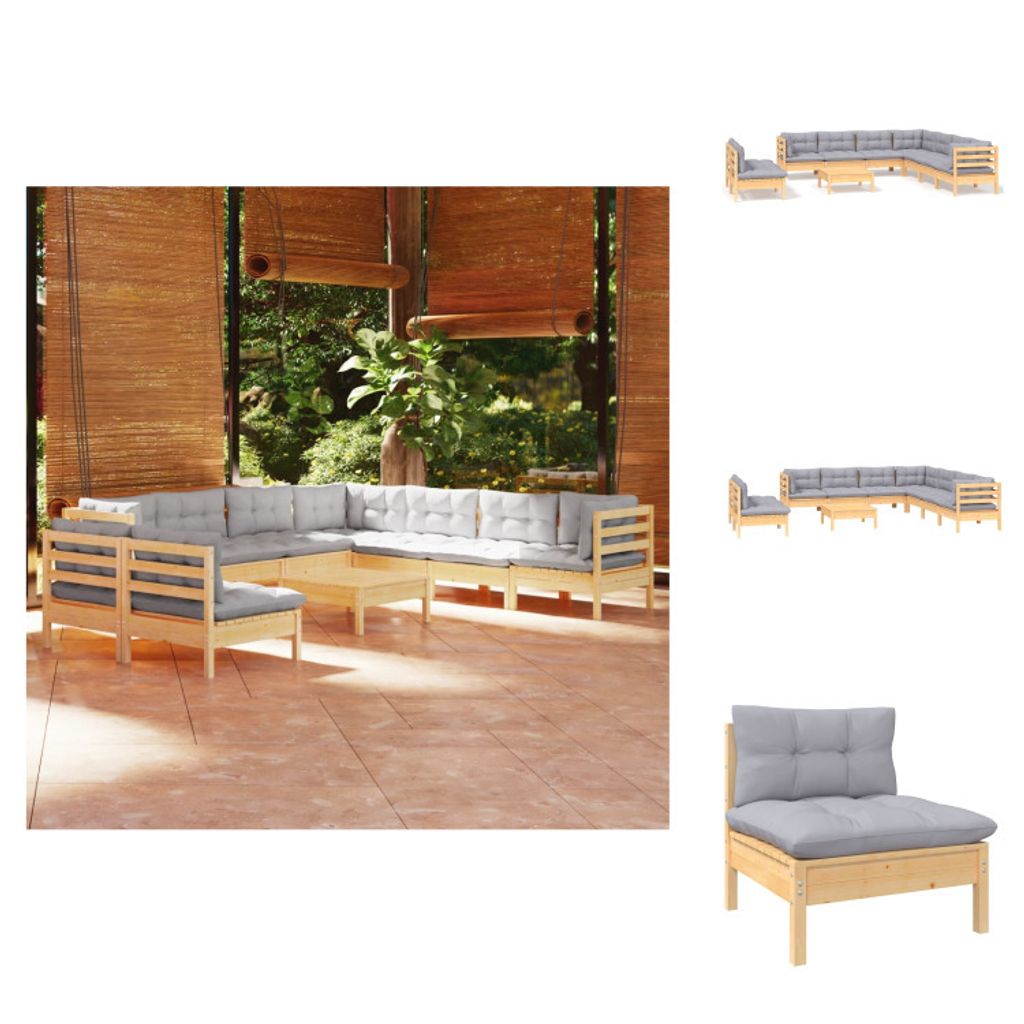 vidaXL 10-tlg. Garten-Lounge-Set mit Grauen Kissen Massivholz Kiefer - Gartenmöbel-Sets
