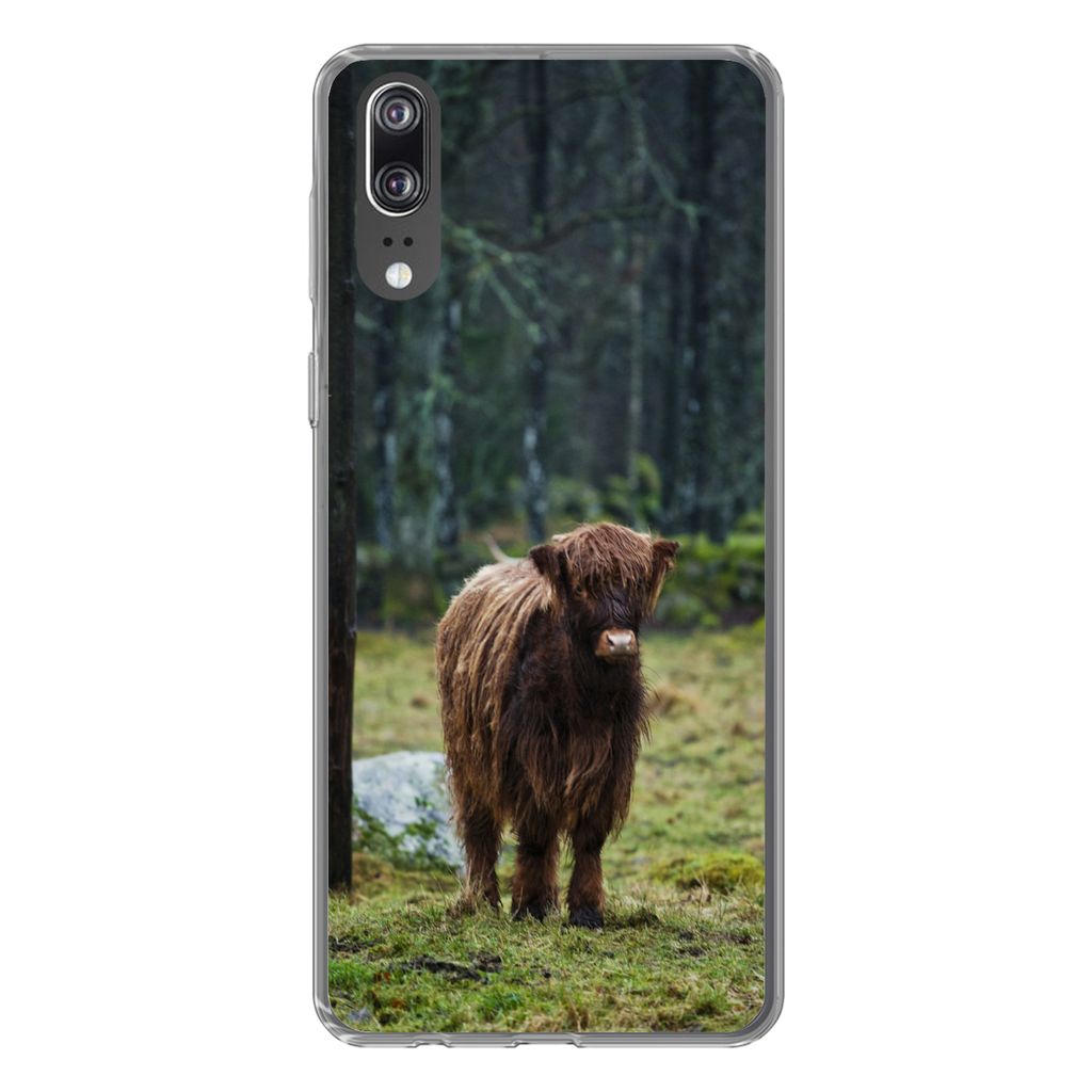 MuchoWow Handyhülle Schutzhülle Hülle für Huawei P20 Schottischer Hochländer - Wald - Moos Silikon Softcase Handy Hülle - Hardcover