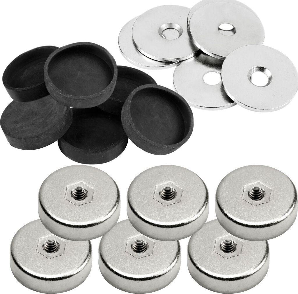 vasalat Topfmagnet mit Innengewinde, Magnet mit Metallscheiben und Gummi-Kappen, Rundmagnet ø 20mm, Neodym vernickelt 18-teilig