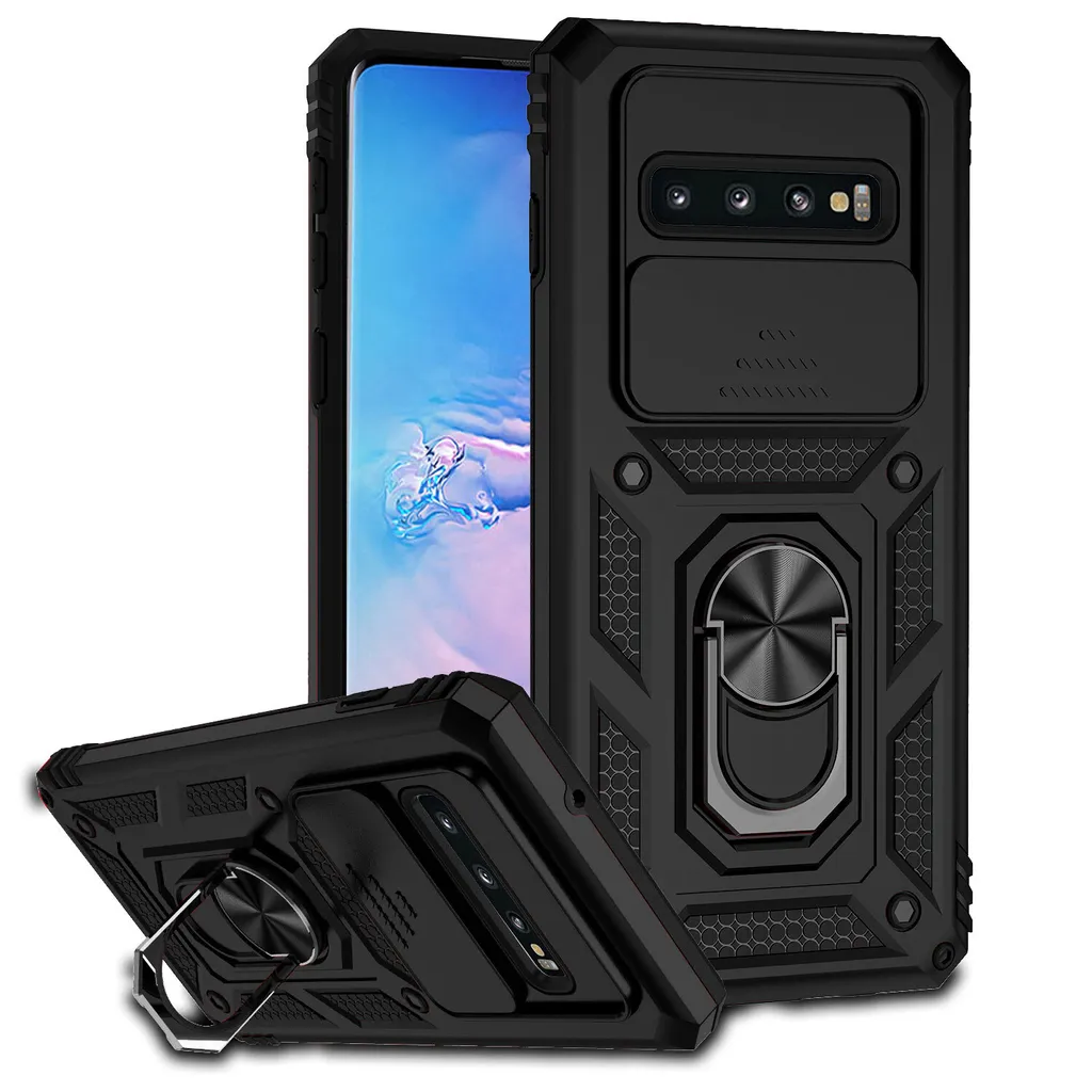 Custodia per Samsung Galaxy S10 Plus a doppio strato con copertura scorrevole della fotocamera e supporto ad anello nero