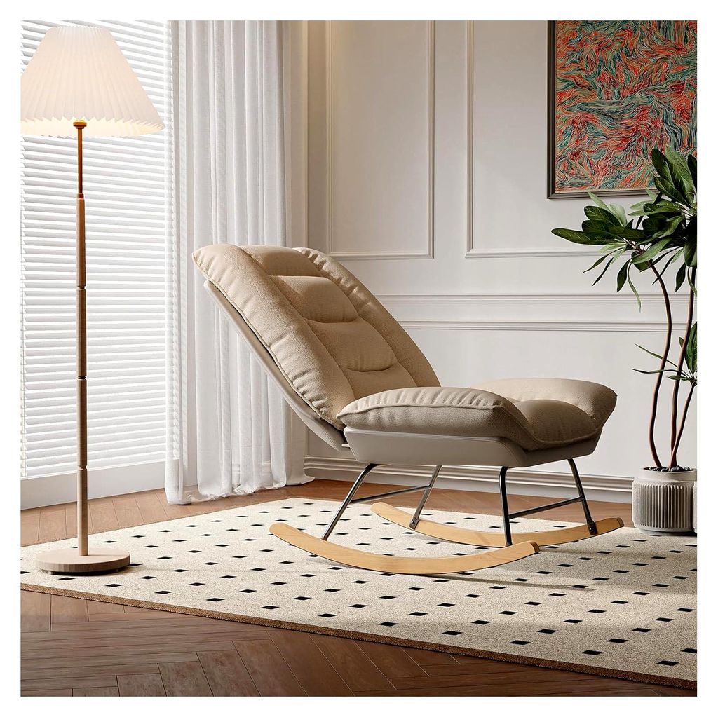Schaukelstuhl mit 12-fach verstellbarer Rückenlehne, Lounge Schaukelsessel für Schlafzimmer und Wohnzimmer, bis 110 kg belastbar, Beige & Grau, 9...