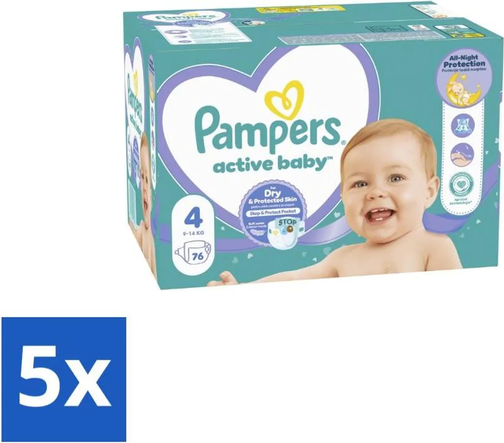 Couches Pampers Taille 4 Baby Dry - 76 Unités - Pack de 5 pour la Nuit