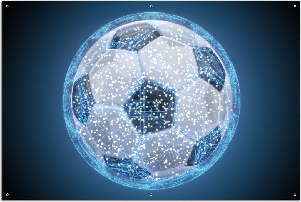 Wallario Outdoor-Poster für Garten oder Balkon, Motiv Fußball digital - Netzwerk in blau, in ca. 61 x 91,50 cm