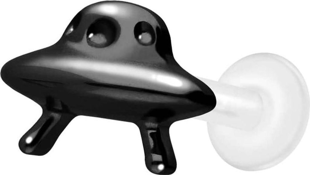 Ohrpiercing, Nasenpiercing PTFE Labret mit Innengewinde + Titan-Aufsatz UFO Schwarz Stablänge: 7mm | Stabstärke: 1,6mm