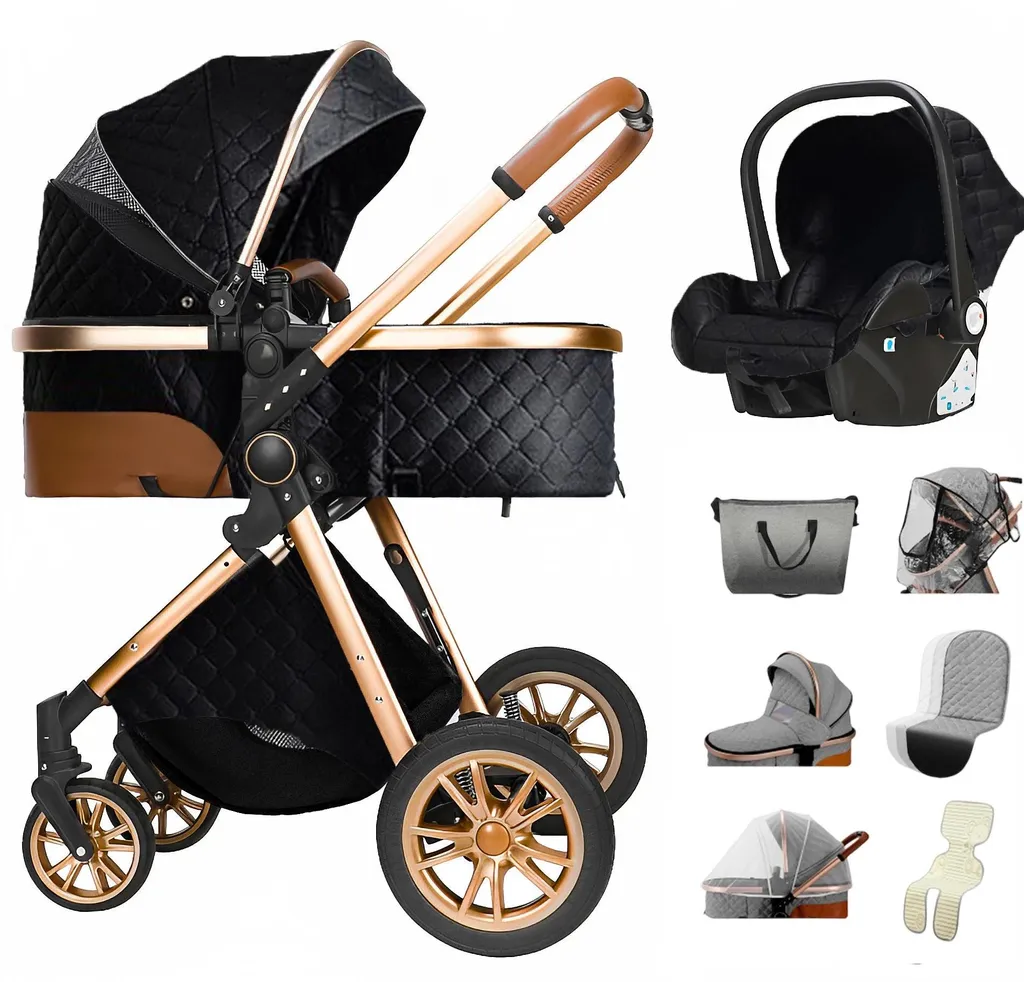 Poussette combinée trio v9-Noir 3 en 1 avec pliage rapide et compact